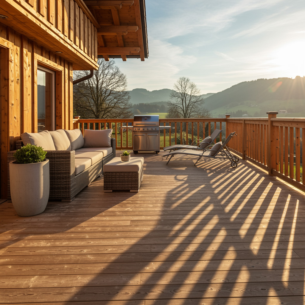 Widerstandsfähige Terrassendielen / Terrassenholz aus dem Sägewerk: Eine hochwertige Lärche-Terrasse im Härtetest zwischen extremer UV-Strahlung im Sommer und Frost im Winter.