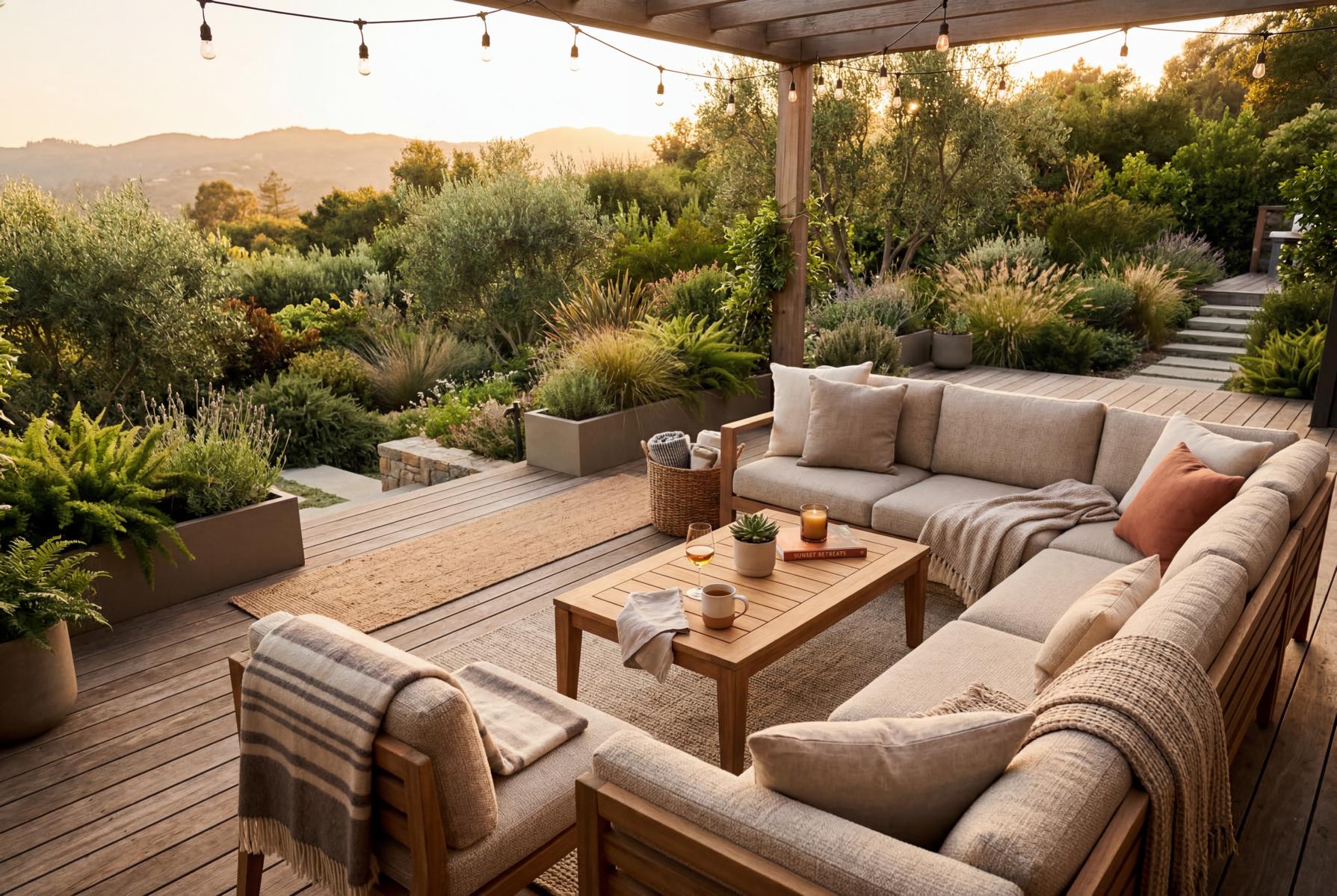 Gemütliche Outdoor-Lounge auf einer Premium-Lärchenholz-Terrasse mit Gartenmöbeln und Blick in die Natur bei Sonnenuntergang.